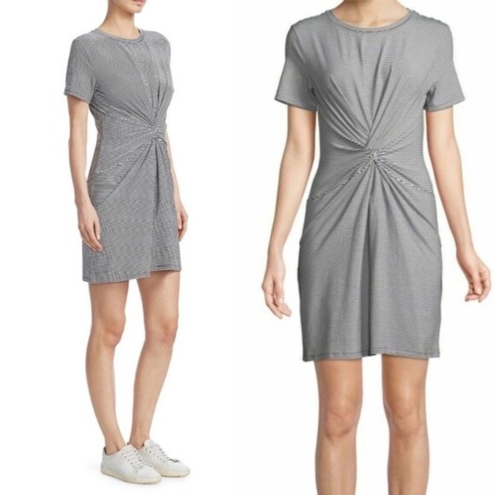 Theory Womens Black White Striped Twist Front Short Sleeve T-Shirt Dress L
